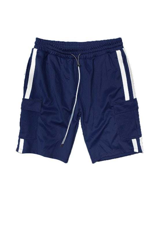 Two Stripe Cargo pouch shorts with elastic waist and side cargo pockets.